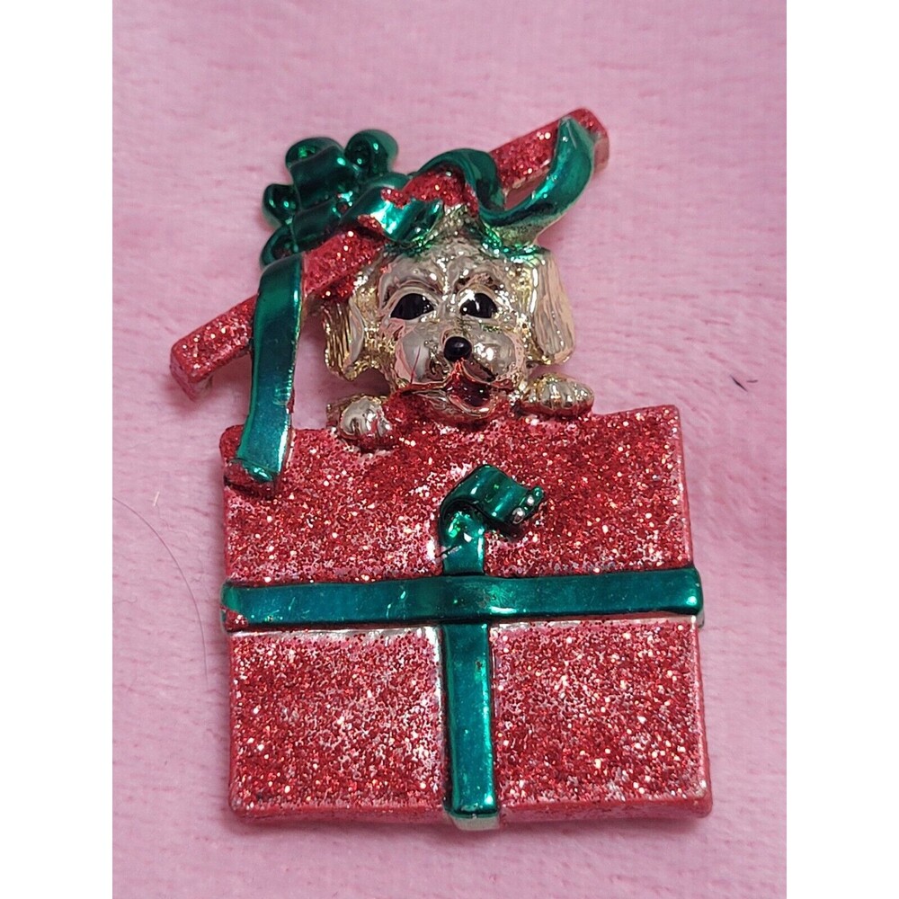 Vintage signed rare CAJC puppy christmas present Brooch Pin enameled red green
